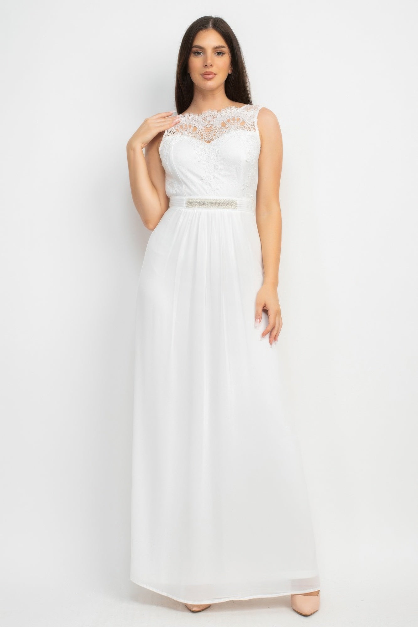 White lace maxi dress with jewel waist belt and gathered skirt, sleeveless