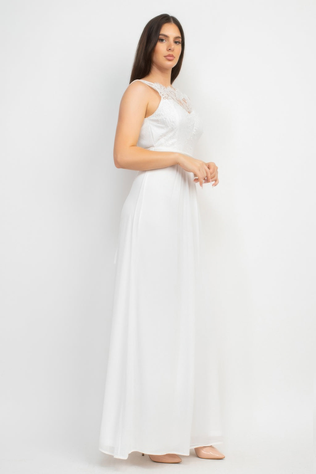White lace maxi dress, sleeveless with lace yoke and jewel waist belt
