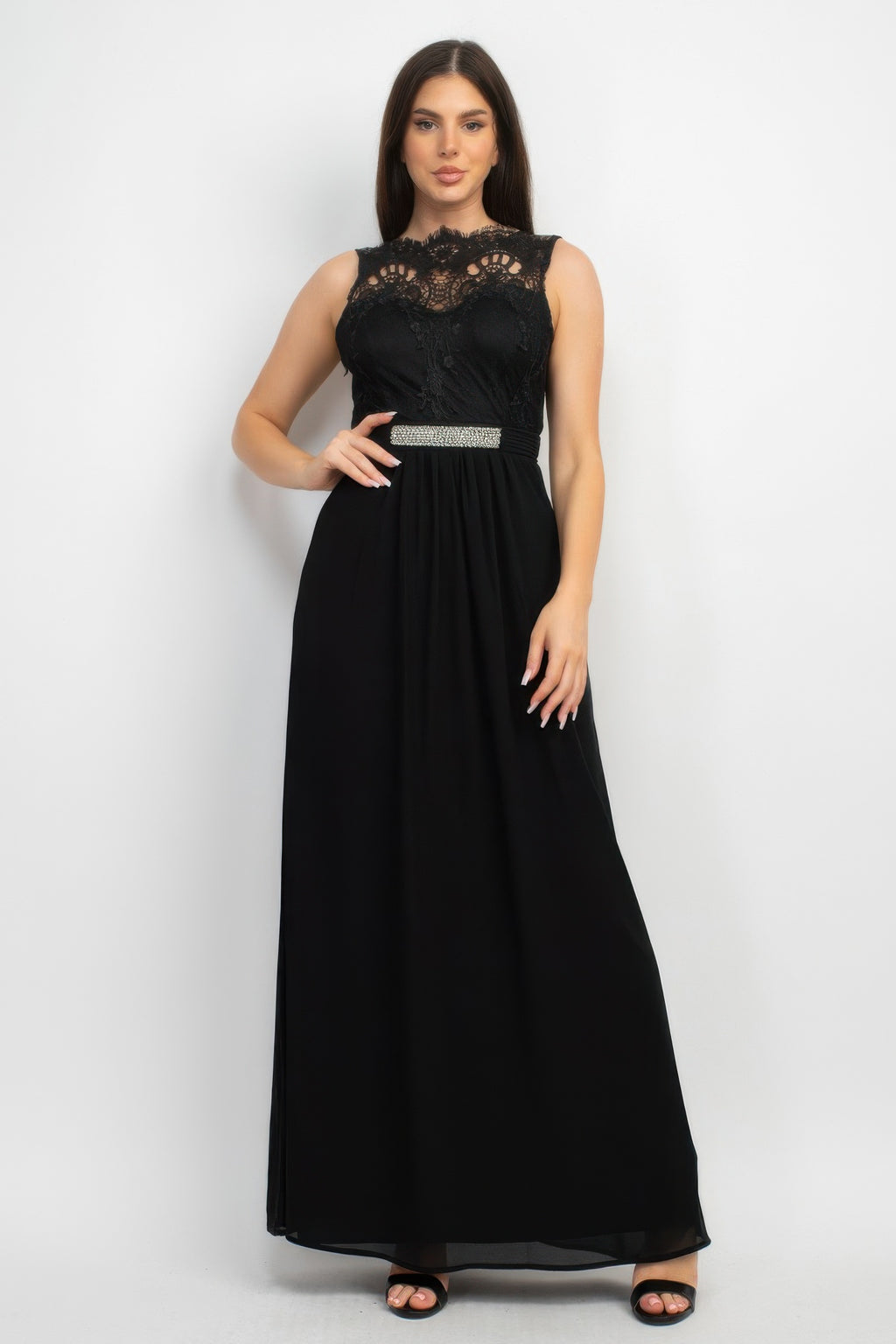 Black lace maxi dress with jewel waist belt, sleeveless high neckline