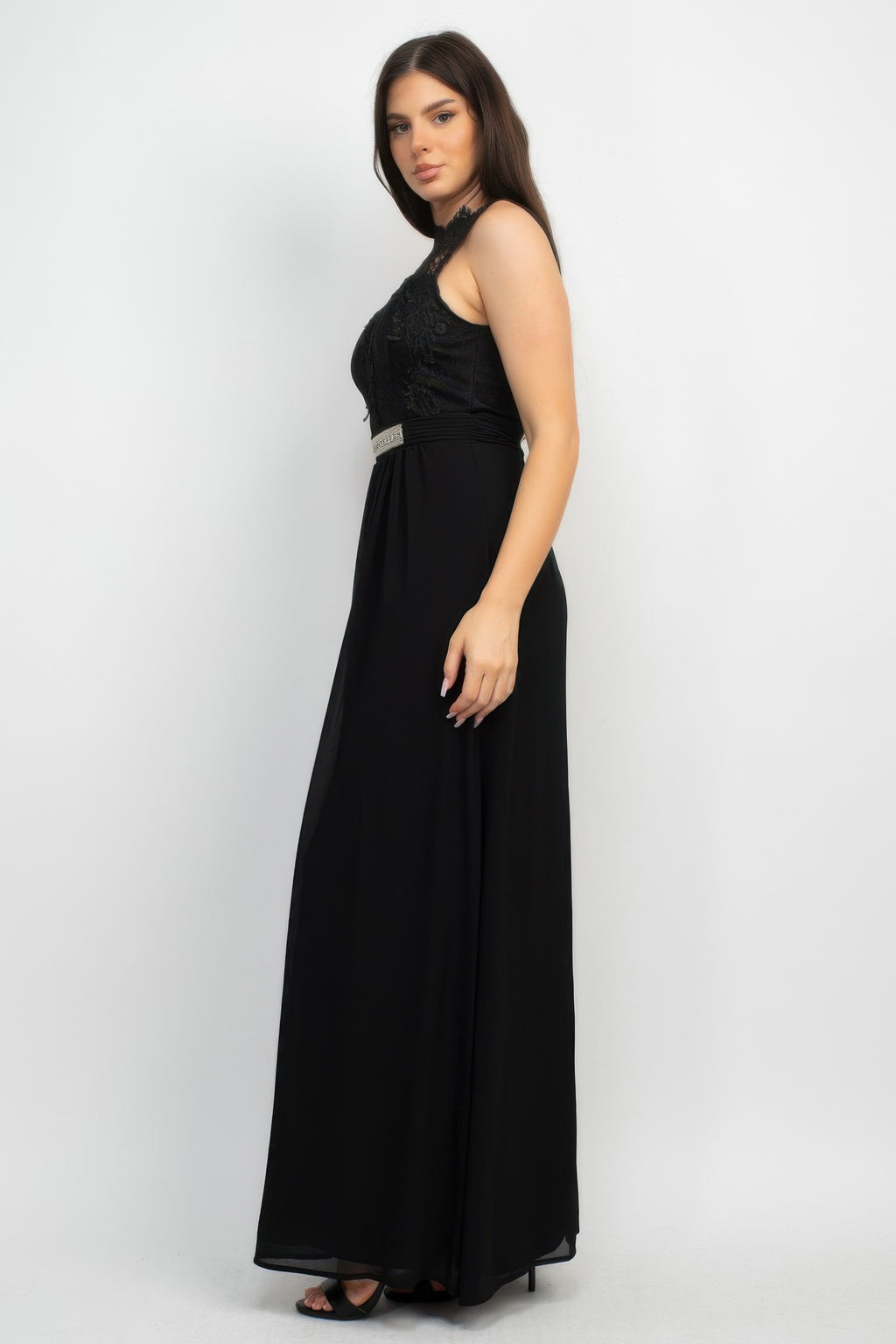 Black sleeveless lace maxi dress with jewel waist belt, full-length front view