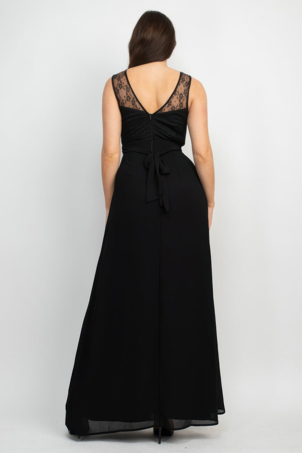 Back view of black lace maxi dress with open-back detail and tied waist