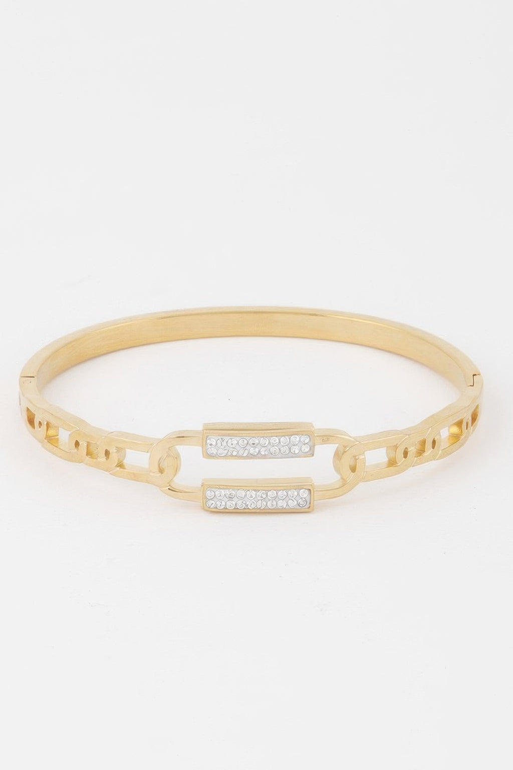 Gold curb chain bracelet with two jeweled rectangular links at the clasp