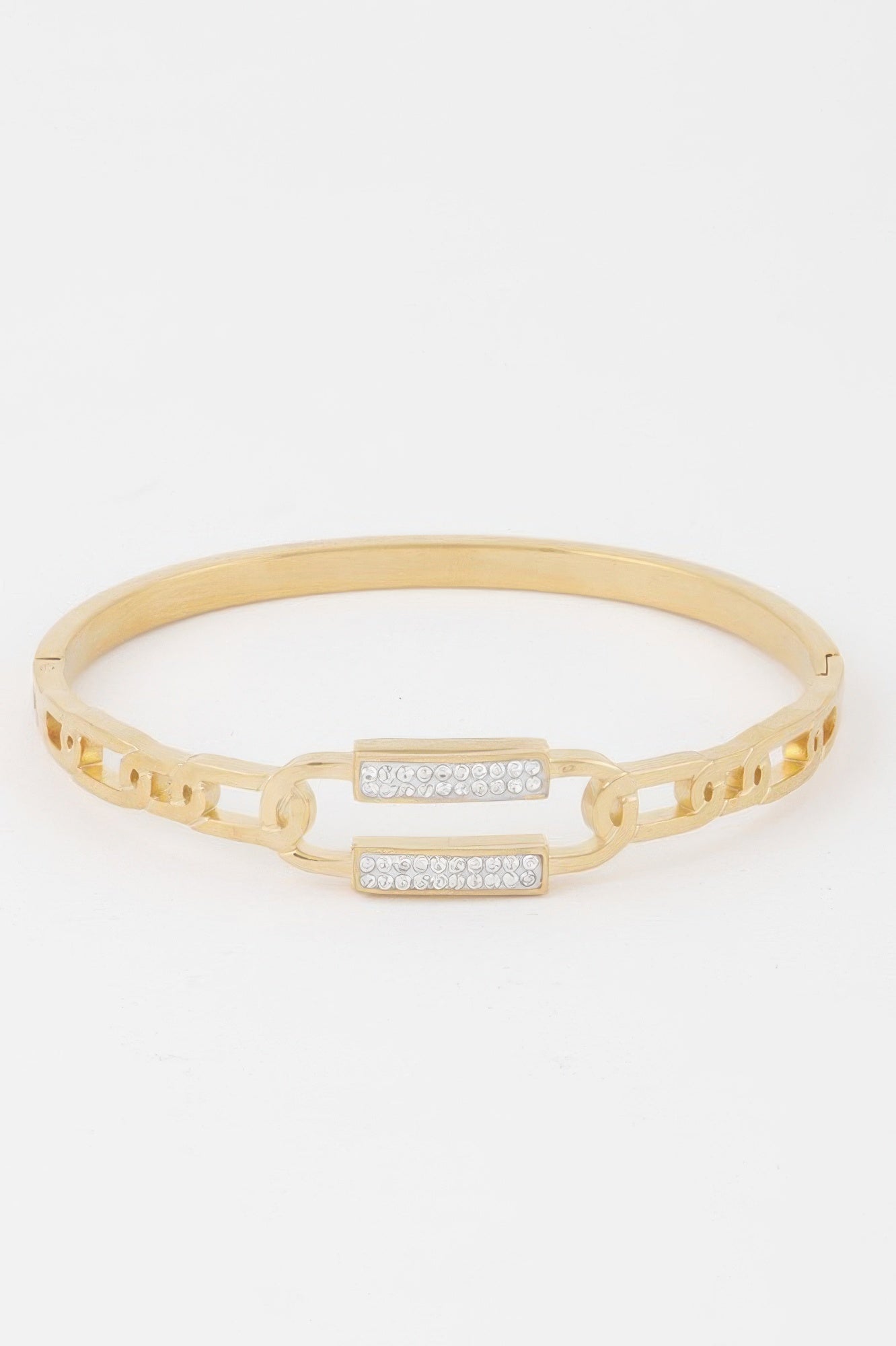 Gold curb chain bracelet with two jeweled rectangular links at the clasp