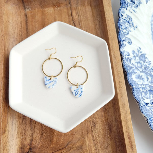 Gold hoop earrings with blue Greek goddess drop charm