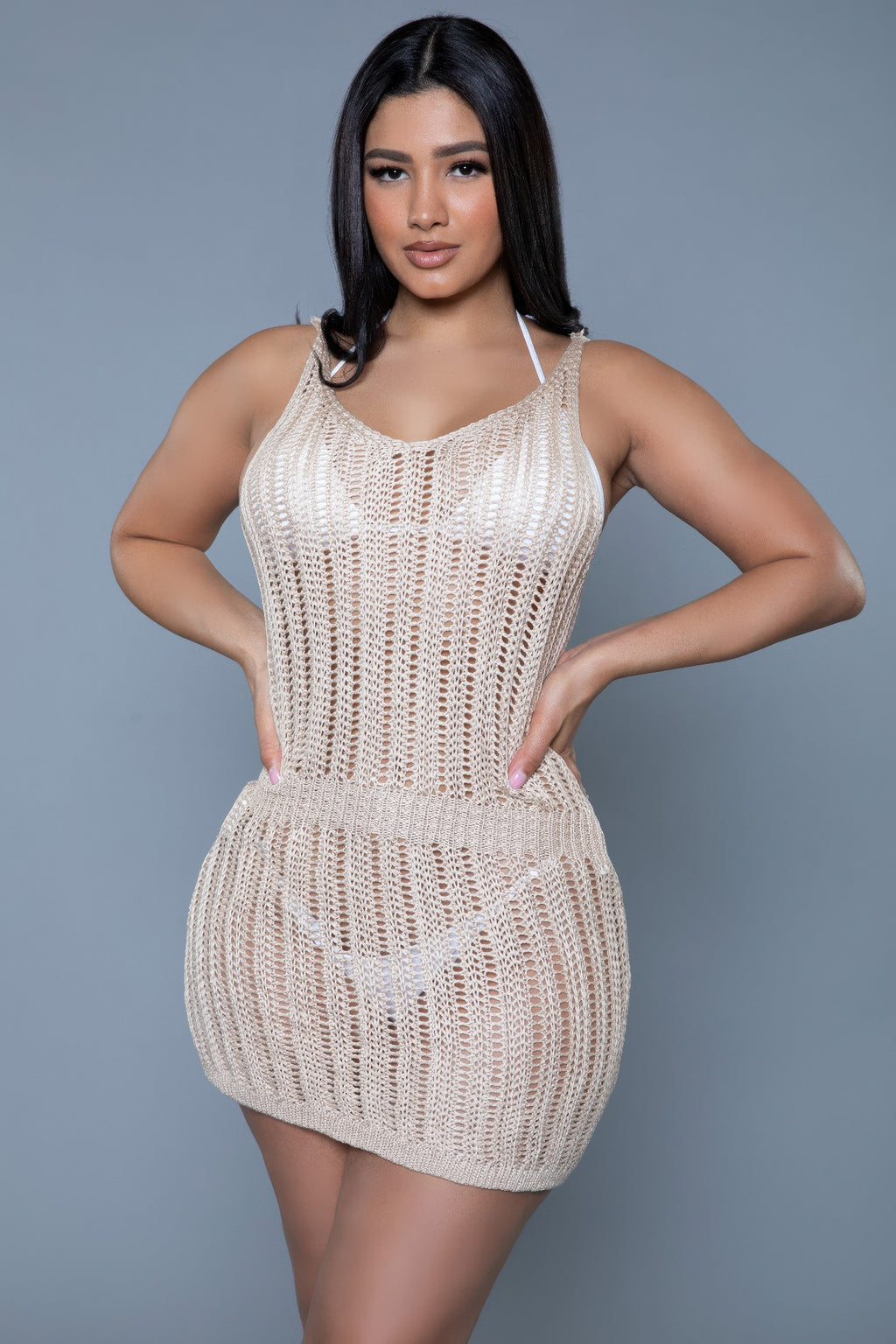 Nude Josephine crochet mini dress, scoop neckline, thin straps and fitted knit waist