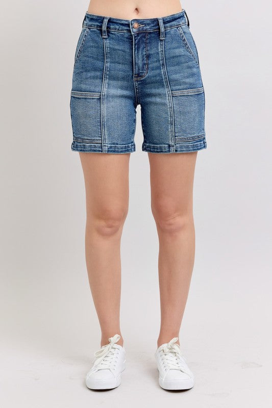 Judy Blue high-rise denim shorts, medium wash, button fly, front pockets
