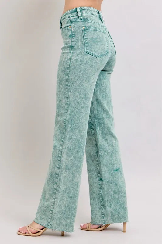 SEA GREEN high-waist straight jeans, back view with patch pockets and raw hem