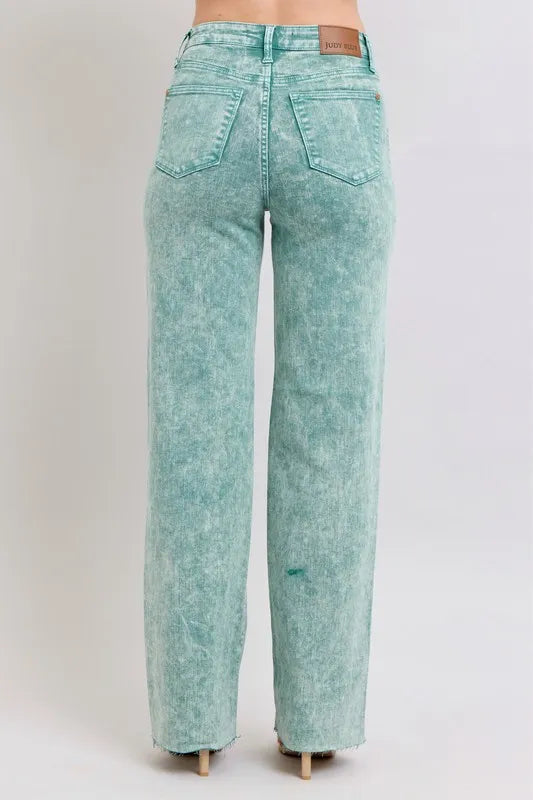 SEA GREEN high-waist jeans, back view with belt loops and raw frayed hem