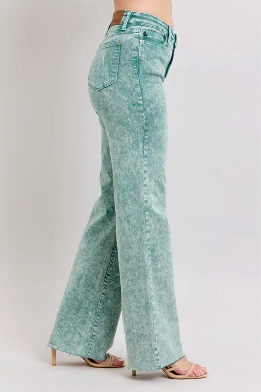 SEA GREEN high-waist wide-leg jeans, side view with raw hem and stitched seams