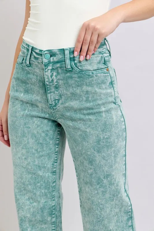 SEA GREEN high-waist denim jeans, front close-up with button fly and patch pockets