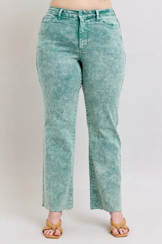 SEA GREEN high-waist wide-leg jeans, front view with raw hem and visible seams