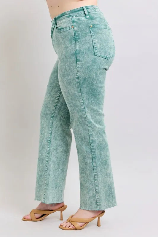 SEA GREEN high-waist jeans, back side view with patch pockets and raw hem