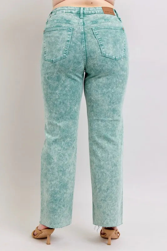 SEA GREEN high-waist denim jeans, back view with patch pockets and ankle raw hem