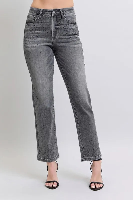Gray high-waist rhinestone straight-leg jeans, plus size, front view