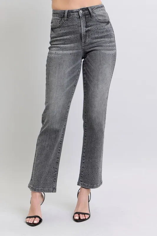 Gray high-waist straight jeans with rhinestone speckle, front full length