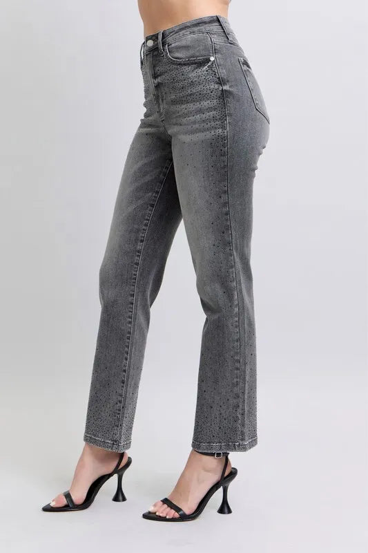 Gray high-waist rhinestone straight jeans, back view with rear pockets