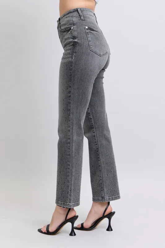 Gray high-waist straight-leg jeans with rhinestone speckle, side view