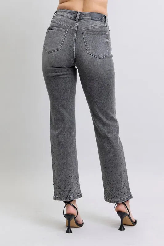 Gray high-waist rhinestone straight jeans, back view with belt loops