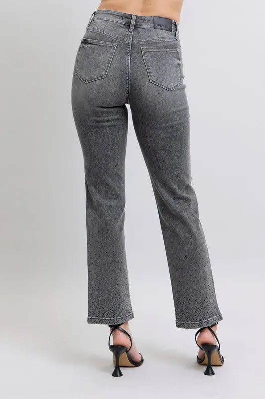 Gray high-waist straight jeans with rhinestone speckle, back full length