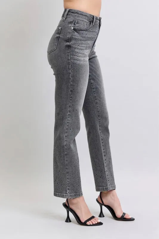 Gray high-waist straight jeans, rhinestone detail on the legs, side view