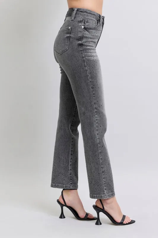 Gray high-waist straight jeans with rhinestone speckle, front side view
