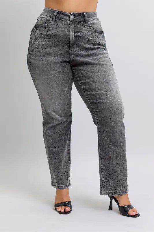 Gray high-waist straight jeans with rhinestone-speckled front pockets