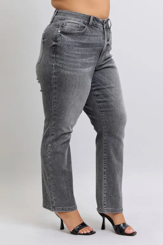 Back view gray high-waist straight jeans with rhinestone-speckled waistband