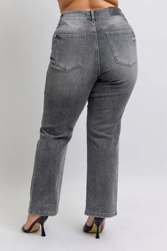 Gray high-waist straight jeans with two back pockets and rhinestone-speckled finish