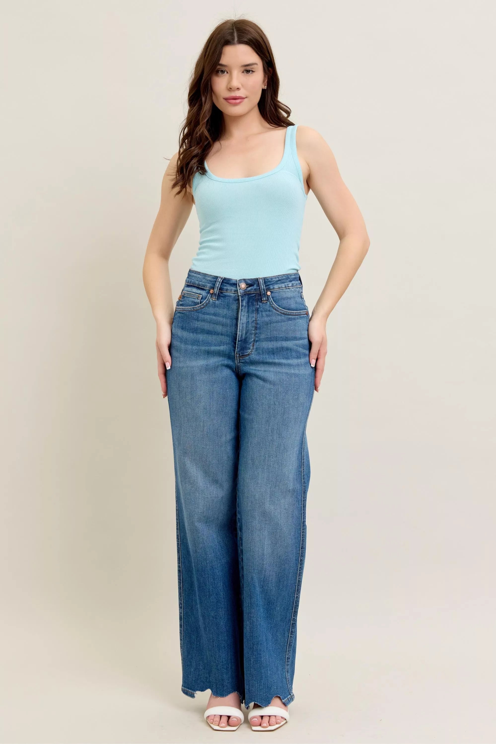 Mid-wash wide-leg jeans with high waist and destroyed hem, plus size tummy control