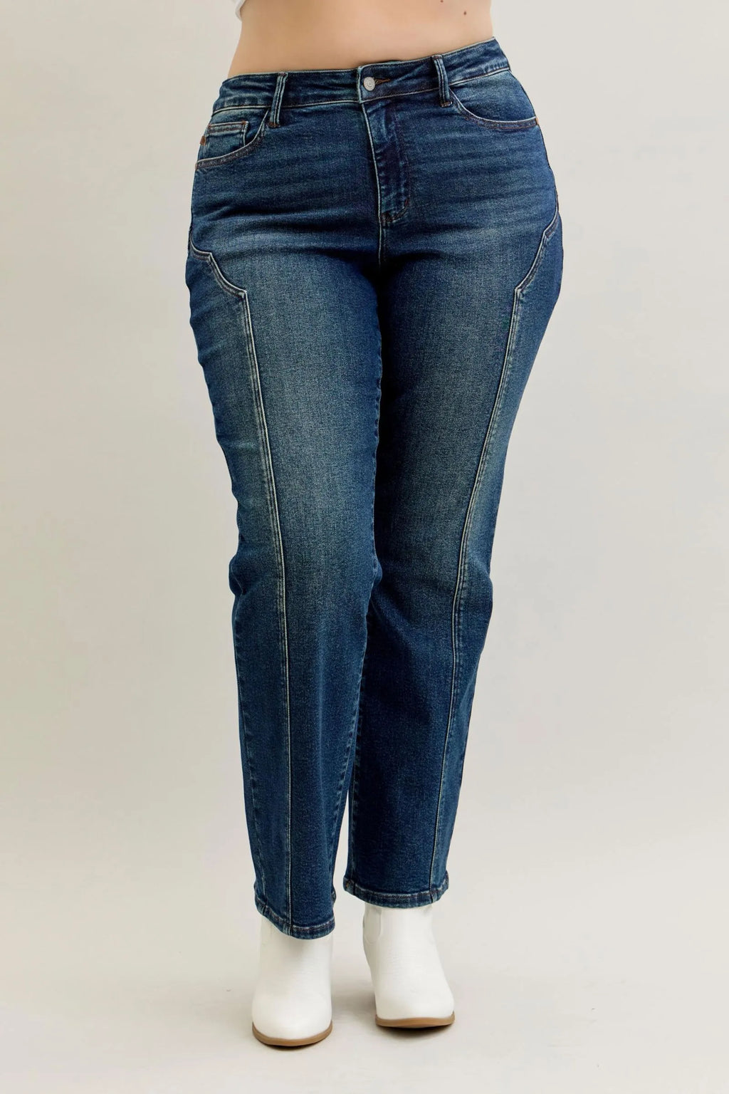 Dark denim straight-leg jeans with front pockets and center seam