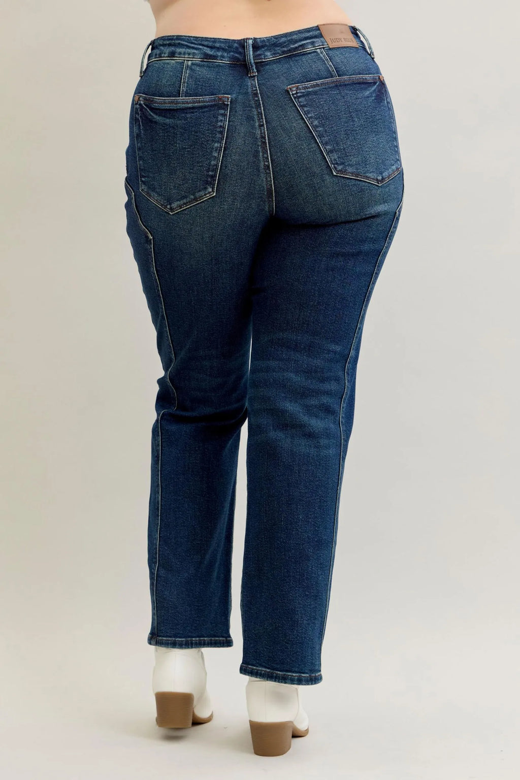 Trendsi dark denim plus-size straight-leg jeans, back view with stitched seams