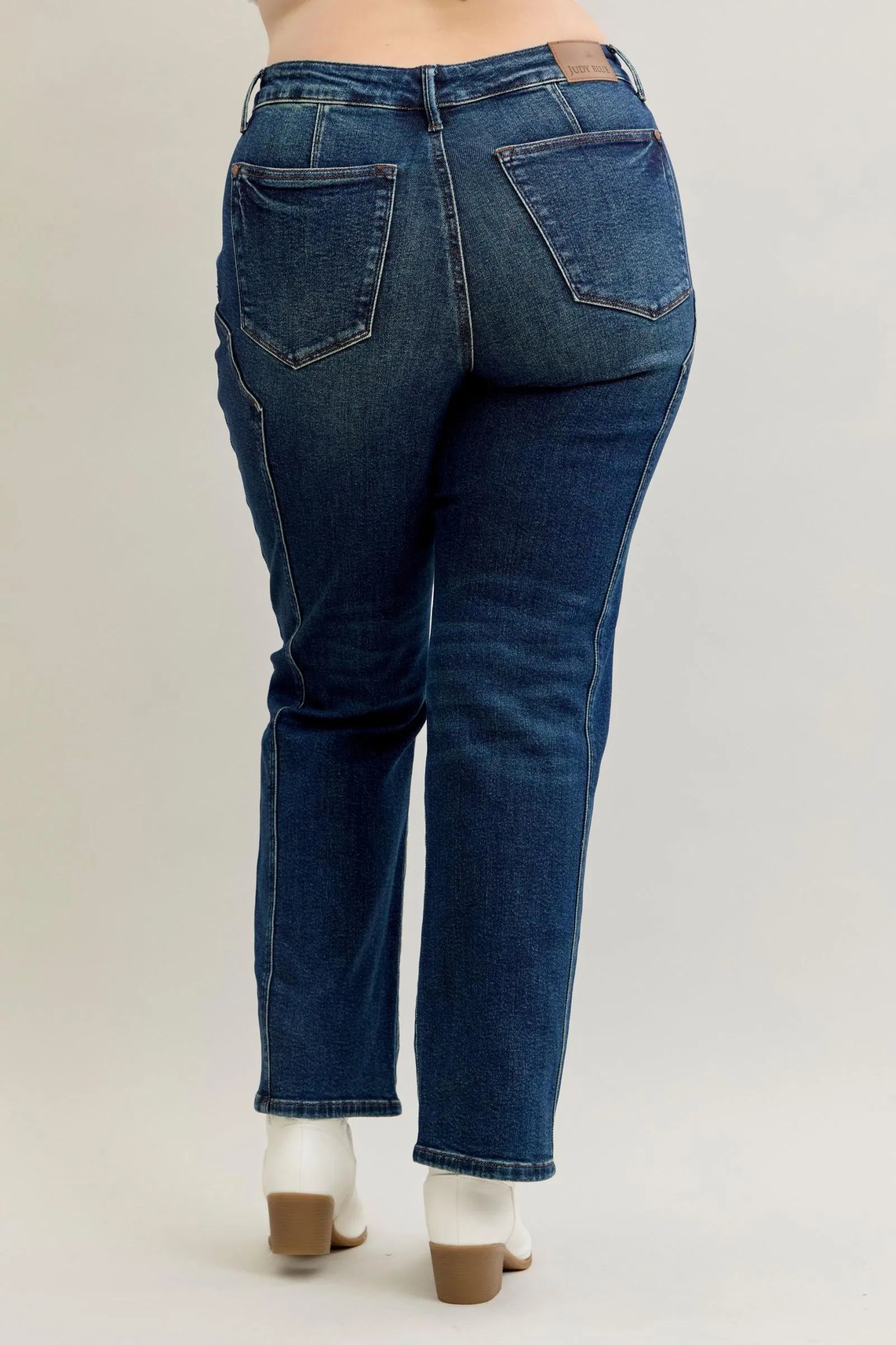 Trendsi dark denim plus-size straight-leg jeans, back view with stitched seams