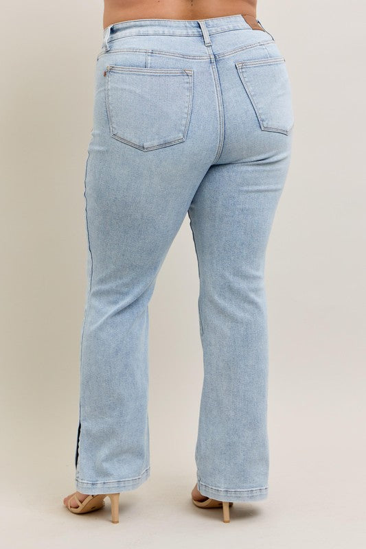 Judy Blue Full Size Tummy Control Vintage Wash Side Slit Slim Boot Jeans Plus Size - Tigbul's Variety Fashion Shop