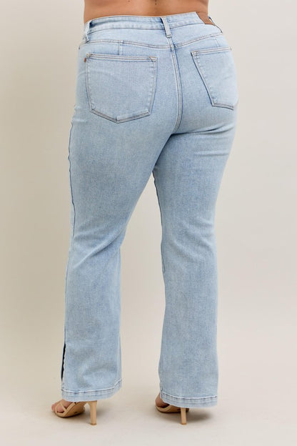 Judy Blue Full Size Tummy Control Vintage Wash Side Slit Slim Boot Jeans Plus Size - Tigbul's Variety Fashion Shop