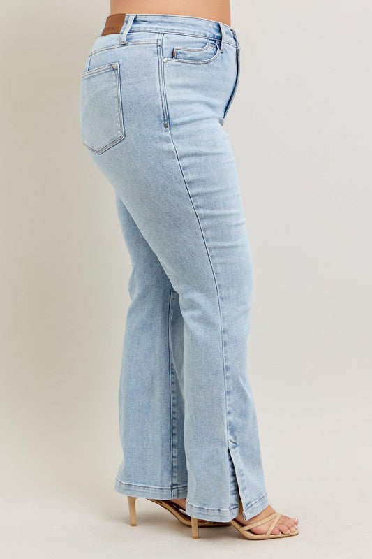 Judy Blue Full Size Tummy Control Vintage Wash Side Slit Slim Boot Jeans Plus Size - Tigbul's Variety Fashion Shop