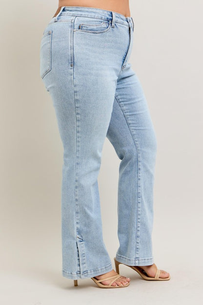 Judy Blue Full Size Tummy Control Vintage Wash Side Slit Slim Boot Jeans Plus Size - Tigbul's Variety Fashion Shop