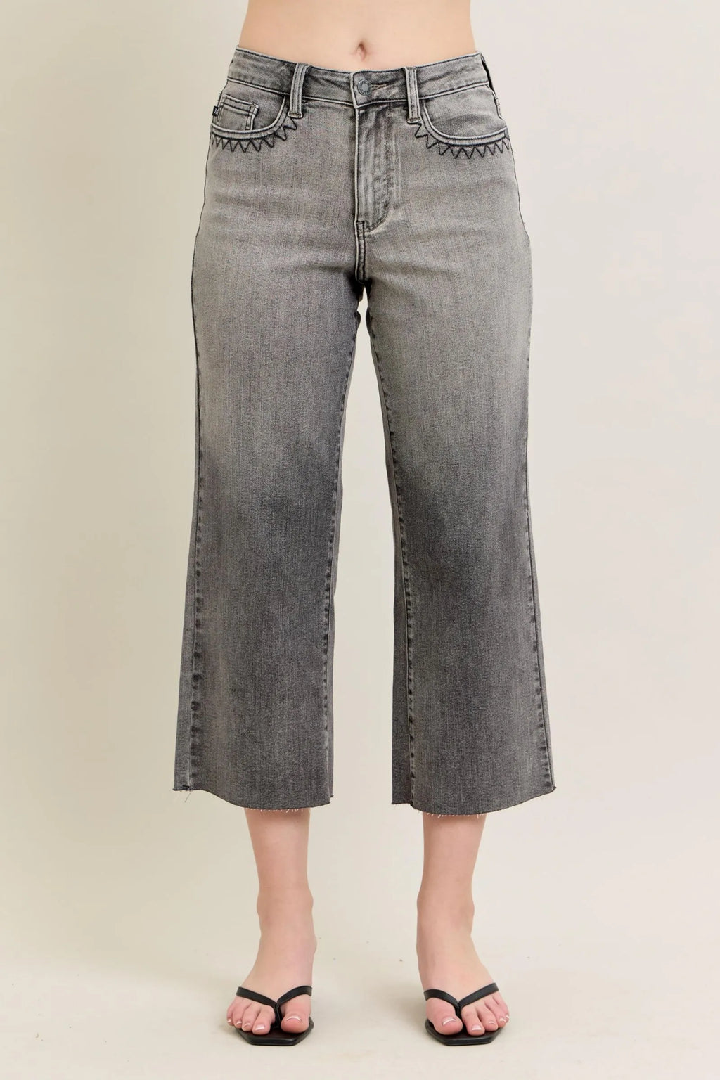 Gray wide-leg capri jeans with embroidered back pockets, plus size fit