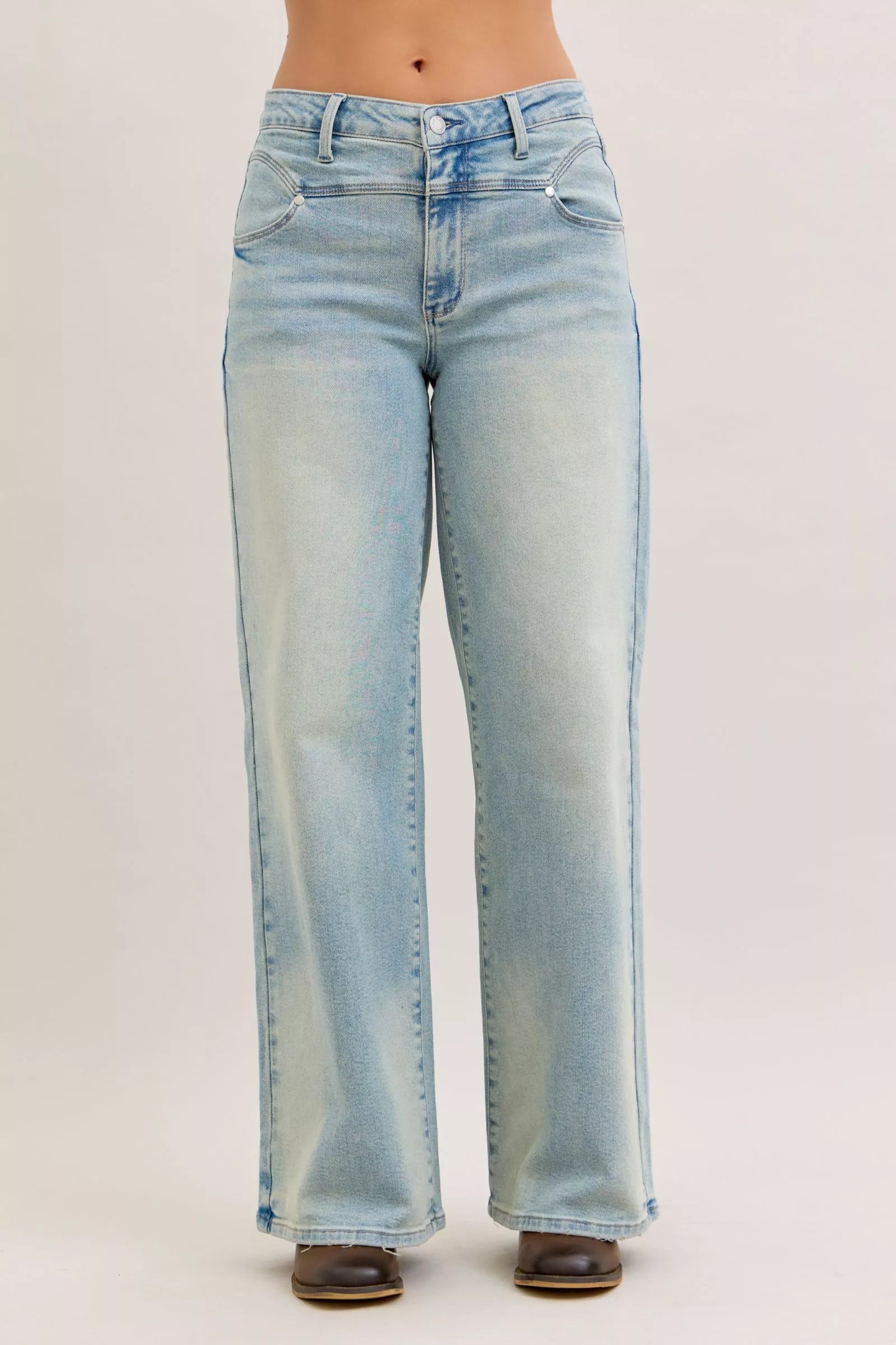 Judy Blue high-waist straight jeans, light wash denim with button fly and front pockets