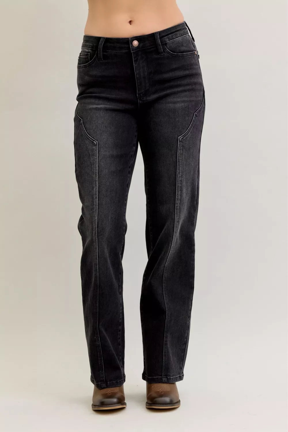Mid-rise straight jeans in black with western seam detail along legs