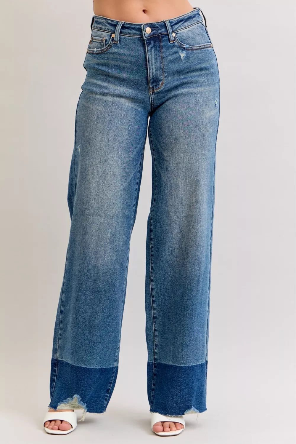 High-waist raw-hem straight jeans in dark wash (DK), front view