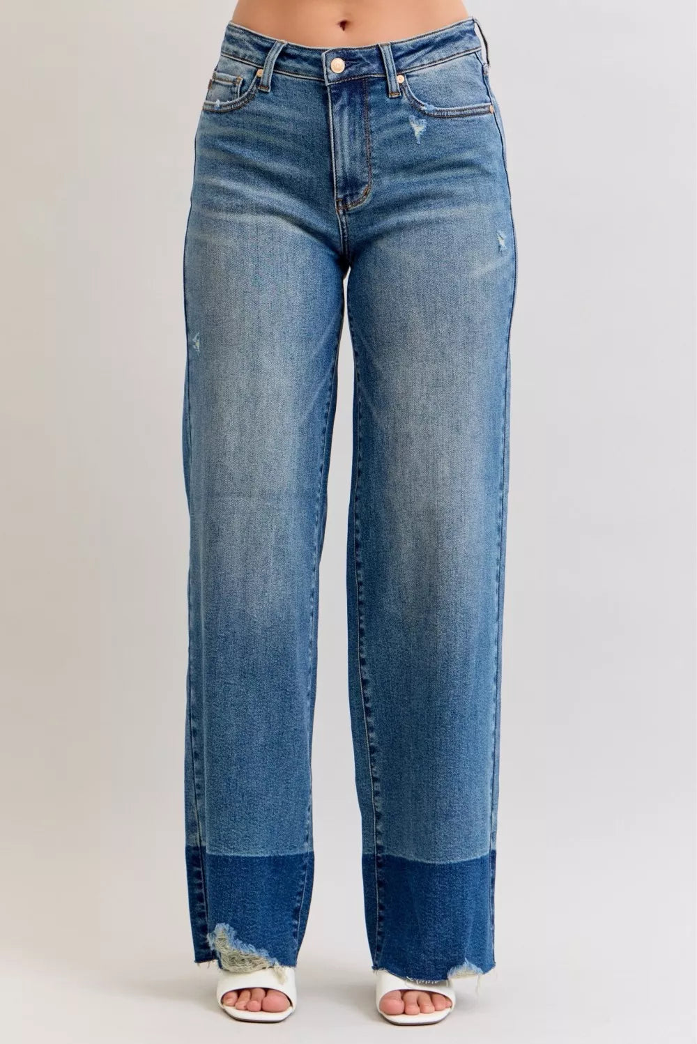 High-waist raw-hem straight jeans in dark wash (DK), front view