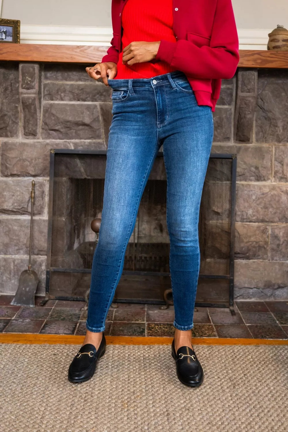 Dark blue thermal skinny jeans, high-rise waist and button-fly