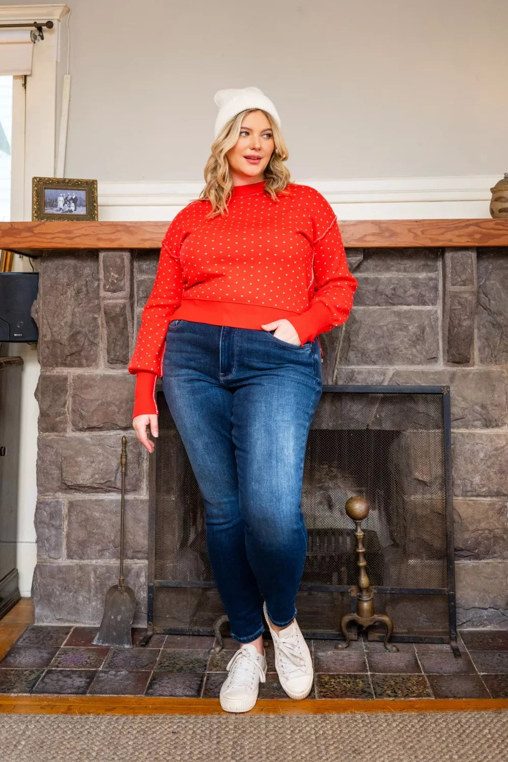 Dark blue washed thermal skinny jeans, full-length view with slim leg and cuffed hem