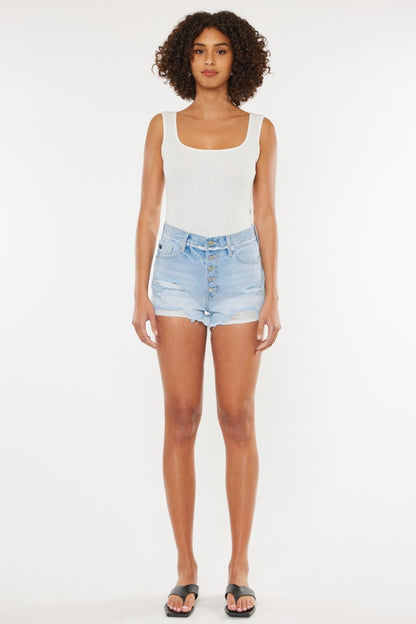 Distressed Button Fly Blue Denim Shorts - Tigbul's Variety Fashion Shop