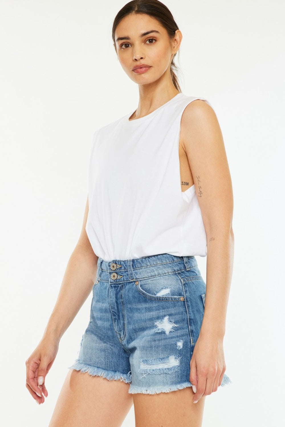 Trendsi high-rise medium-blue denim shorts with raw frayed hem and distressed wash