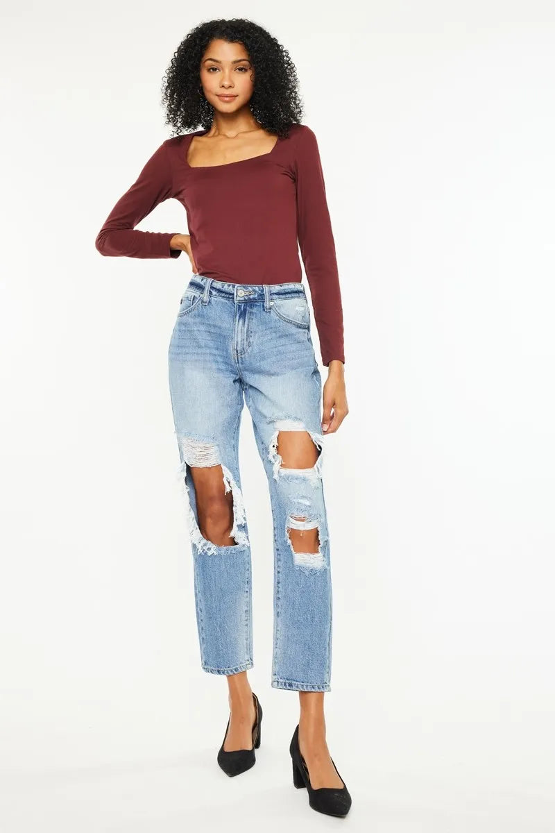 Kancan High Rise Boyfriend Jeans, medium wash denim with ripped knees and frayed hem