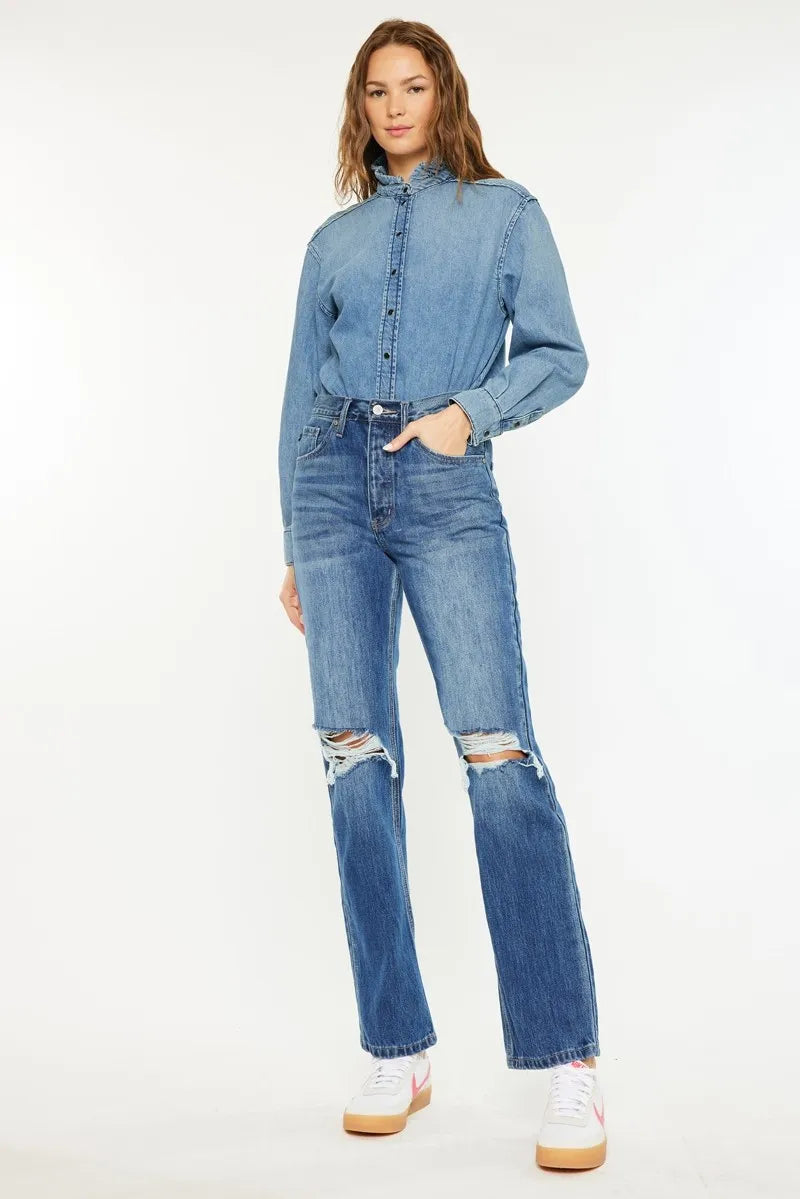Medium wash boyfriend jeans with ultra high rise waist and ripped knees