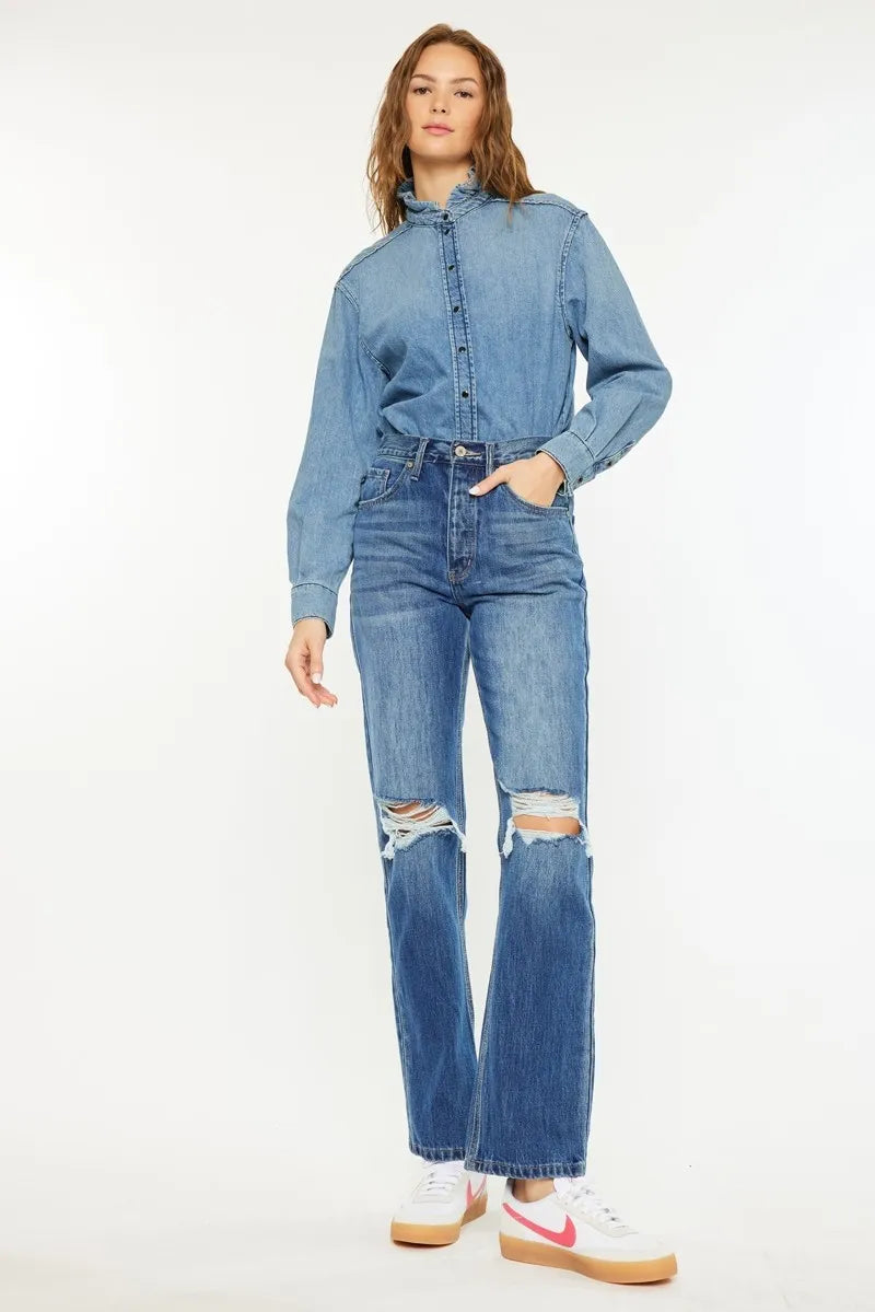Medium wash straight-leg boyfriend jeans with high-rise waist and knee rips