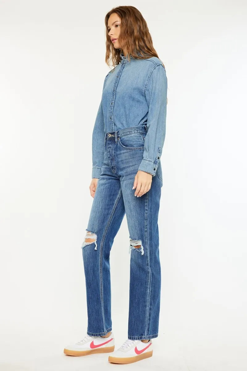 Side view of medium wash boyfriend jeans with ultra high rise and knee distress