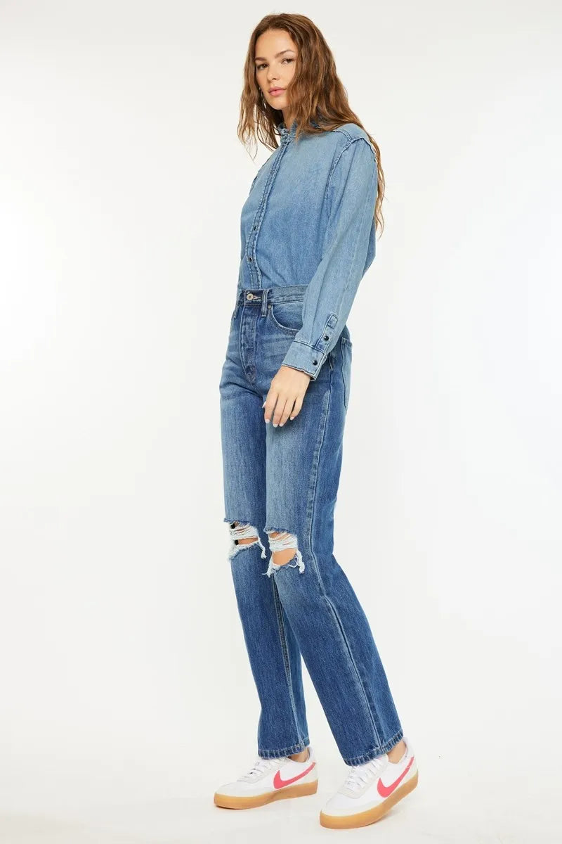 Back and side angle of medium wash high-rise boyfriend jeans with ripped knees